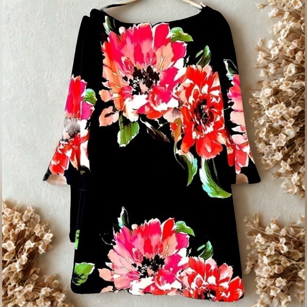 Tahari ASL Black Floral Pattern Bell Sleeve Shift Dress Size 12